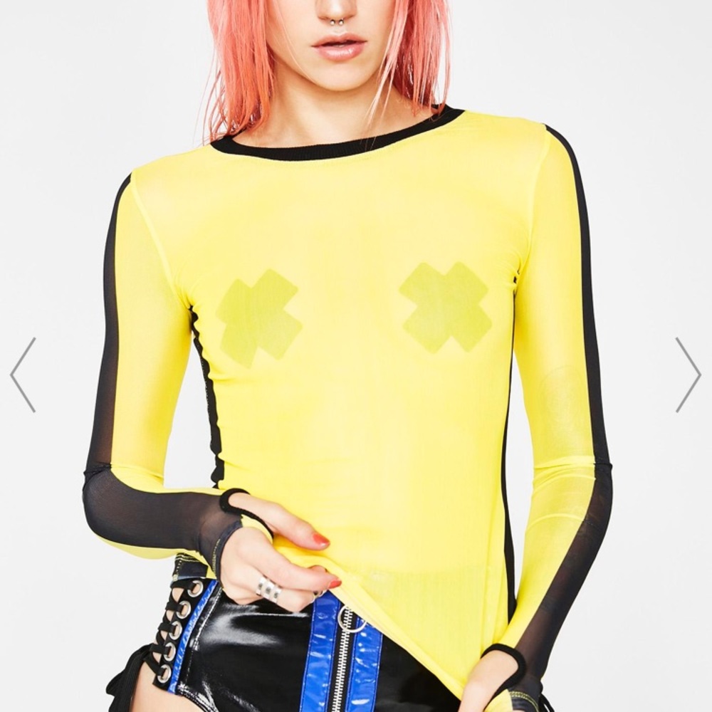 Dolls kill yellow and black striped mesh top